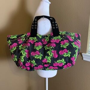 Betsey Johnson Black Tote Bag Pink Green Rose Print Large Floral Cotton Carryall